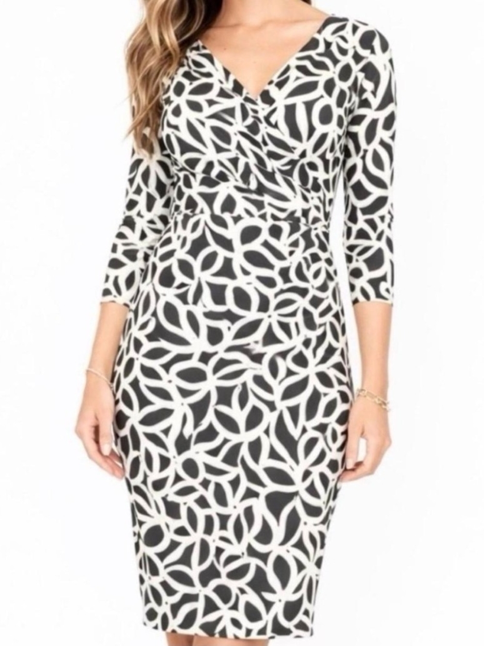 Lauren Ralph Lauren Abstract Floral Ruched Gray And White Faux Wrap 12P